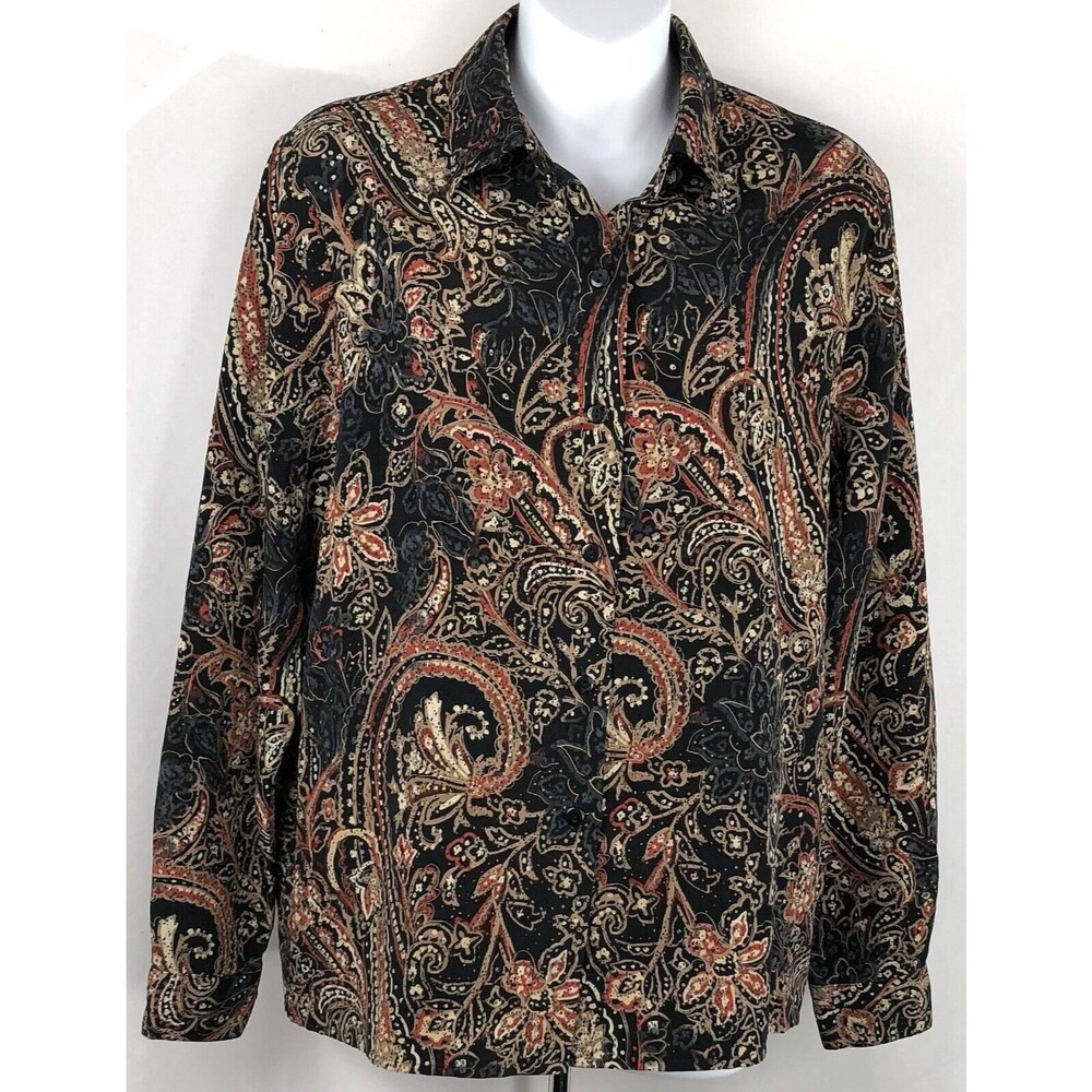 Vintage 80s Graff silky top blouse S blk orange floral Geo button up psychedelic